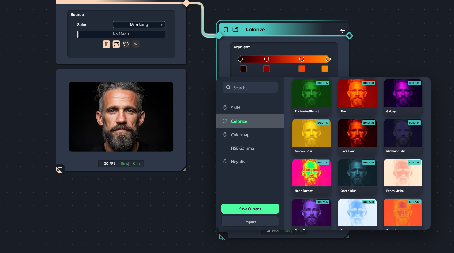 Galerie de presets Colorize avec miniatures visuelles