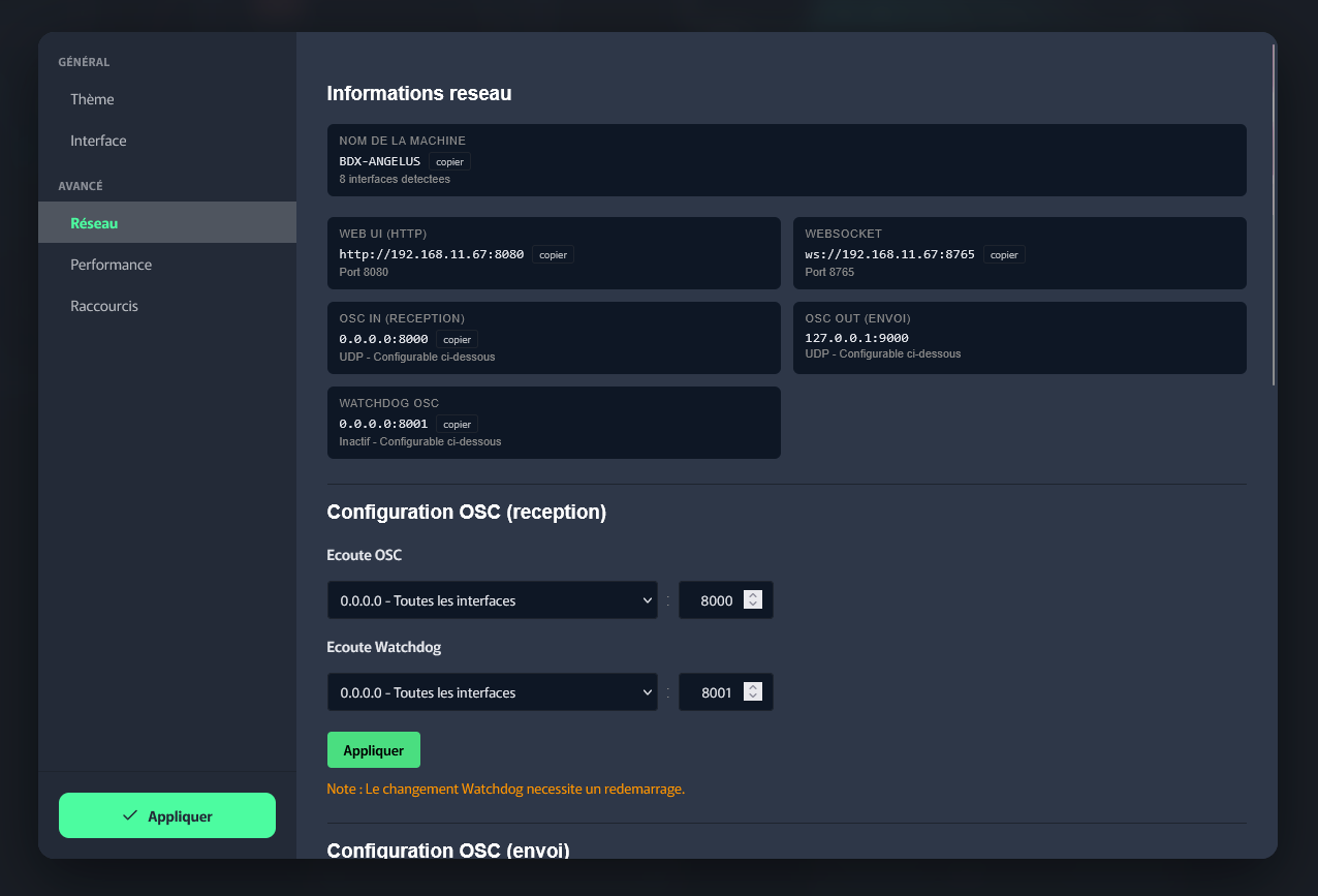Panneau de configuration OSC
